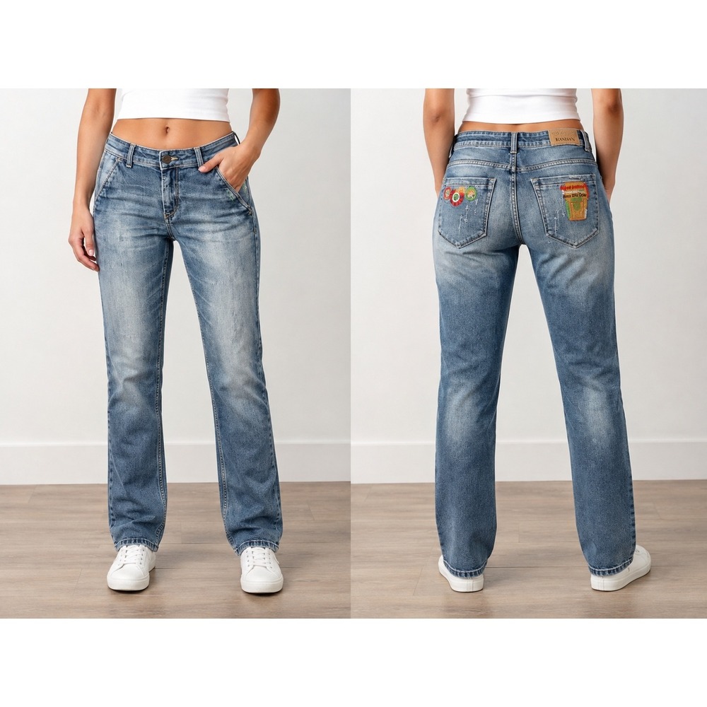 Kozan Medium Wash Straight Leg Jeans Distressed Streetwear Patches Blue 31x31 - Picture 1 of 16